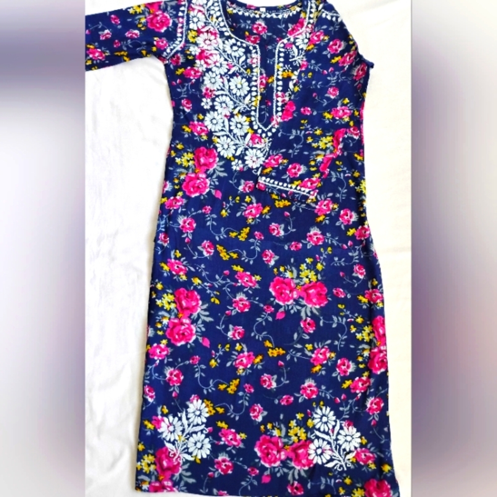 Floral Embroidered Navy Kurta Dress with Pink Accents